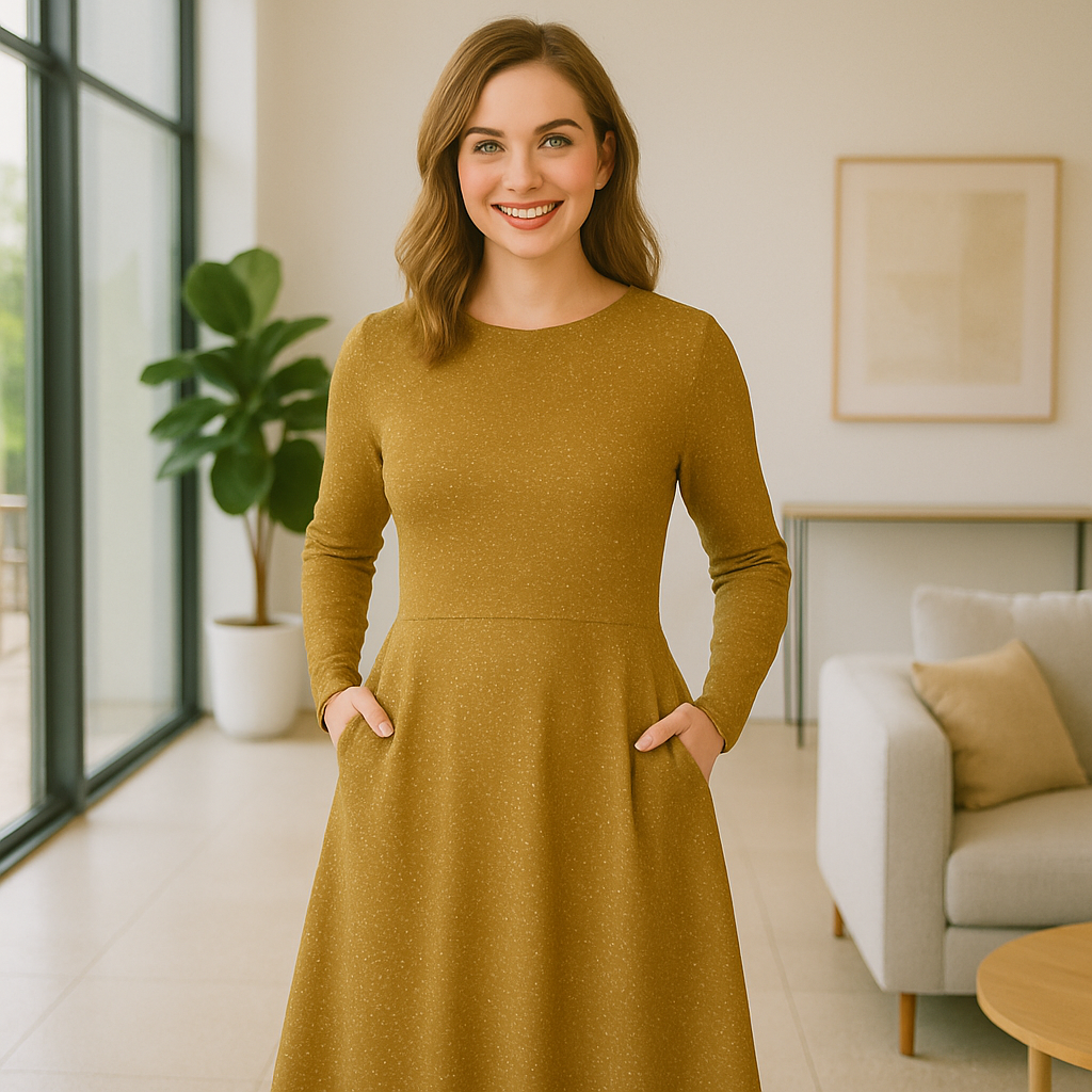 Goldenes Midikleid mit Glitzer-Effekt Print | Elegantes Kleid mit langen Ärmeln | Schimmerndes A-Linien-Kleid für besondere Anlässe