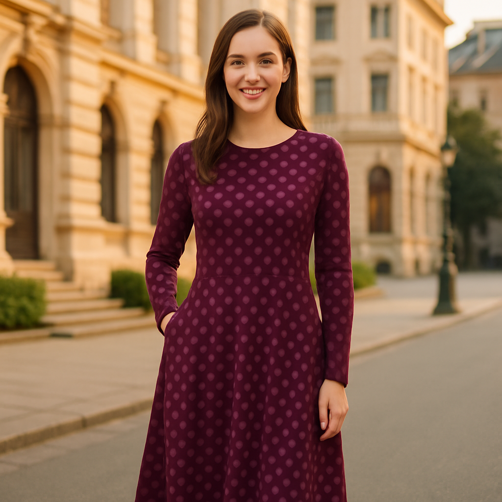 Pflaumenfarbenes Midikleid mit Brombeer-Polka-Dots | Feminines A-Linien-Kleid mit langen Ärmeln
