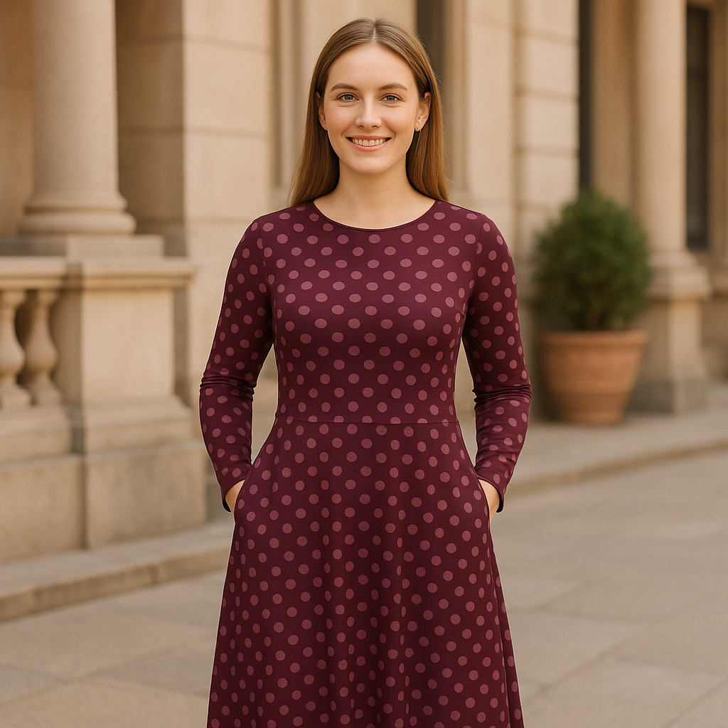 Pflaumenfarbenes Midikleid mit Altrosa-Polka-Dots | Feminines Retro-Kleid mit Taschen | A-Linien-Langarmkleid im Vintage-Stil