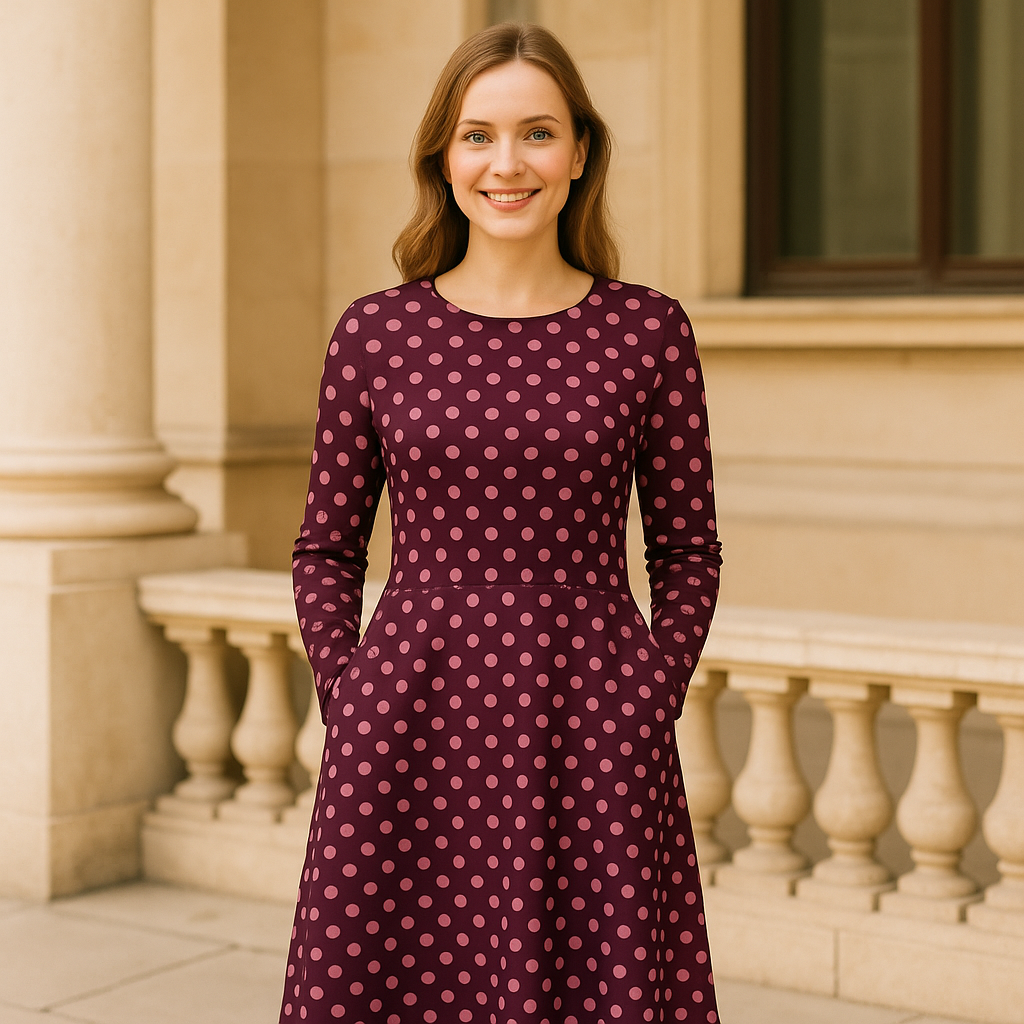 Pflaumenfarbenes Midikleid mit zartrosa Polka Dots | Feminines Langarmkleid im Vintage-Stil
