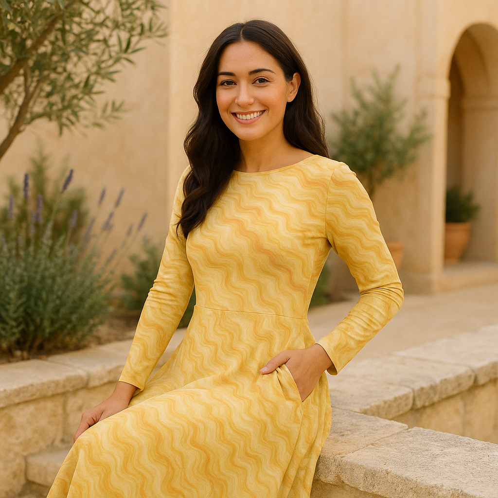 Midi Kleid mit marmoriertem Muster in Gold und Erdtönen | Elegantes A-Linien Kleid mit Taschen | Langarmkleid mit Wellenmuster