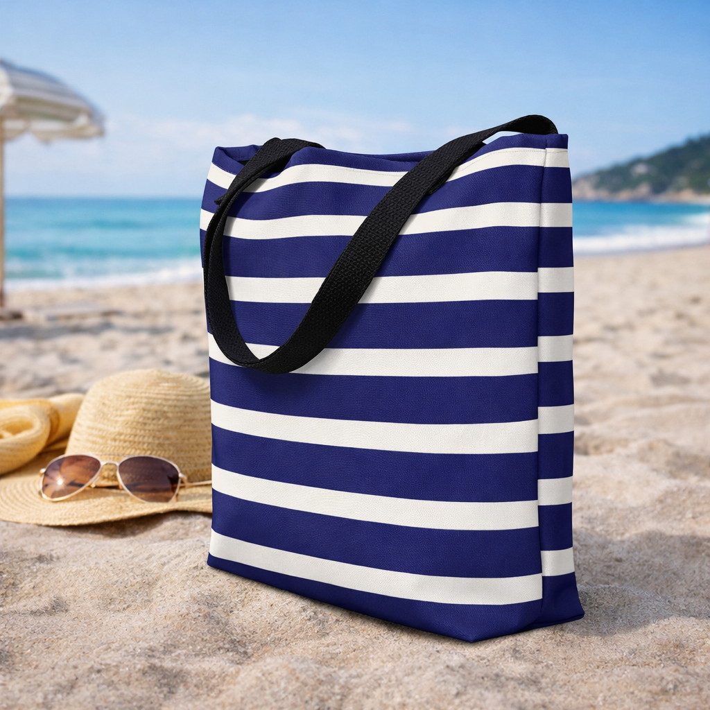 Gestreifte Stofftasche Blau Creme | Große Strandtasche mit Innentasche | Robuste Einkaufstasche | Maritime Tote Bag | Alltag & Reise