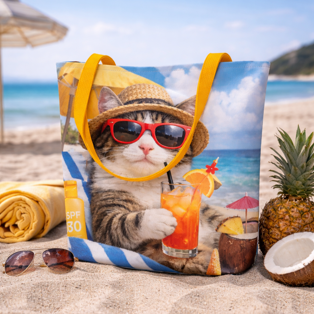 Lustige Stofftasche Katze Strand | Große Strandtasche mit Innentasche | Einkaufstasche mit Katzenmotiv | Sommer Tote Bag | Geschenkidee