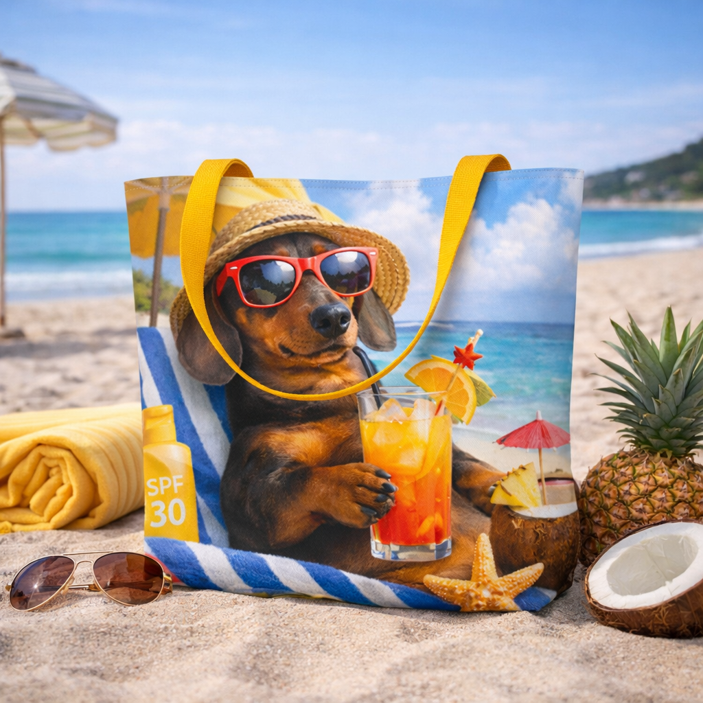 Lustige Stofftasche Hund Strand | Große Strandtasche mit Innentasche | Einkaufstasche mit Hundemotiv | Sommer Tote Bag | Geschenk für Hundefans
