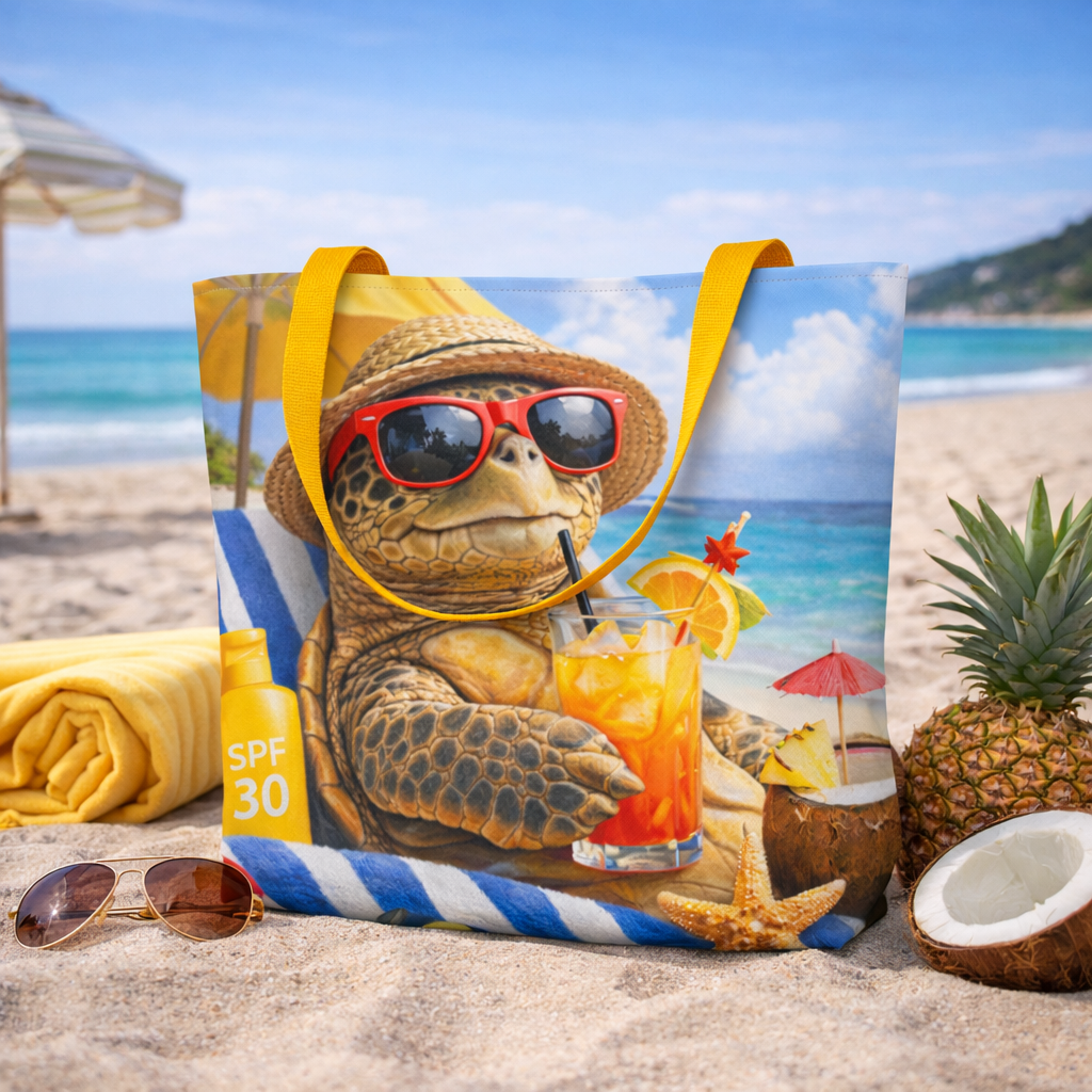 Lustige Stofftasche Schildkröte Strand | Große Strandtasche mit Innentasche | Einkaufstasche Sommer | Tote Bag lustig | Geschenk für Tierfreunde
