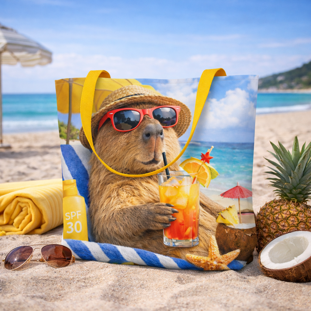 Lustige Stofftasche Capybara Strand | Große Strandtasche mit Innentasche | Einkaufstasche Sommer | Tote Bag lustig | Geschenk für Tierfreunde