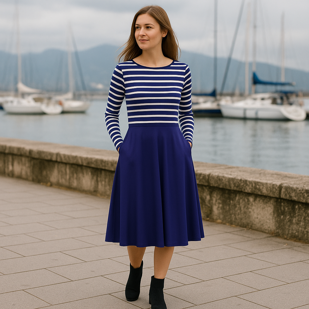 Maritimes Midi Kleid | Blau-Weiß gestreift | Langarm Kleid mit Taschen | Elegantes Alltagskleid