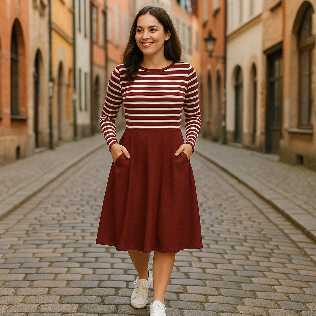 Bordeaux gestreiftes Midi-Kleid mit Taschen – Langarm A-Linien Kleid Casual Chic