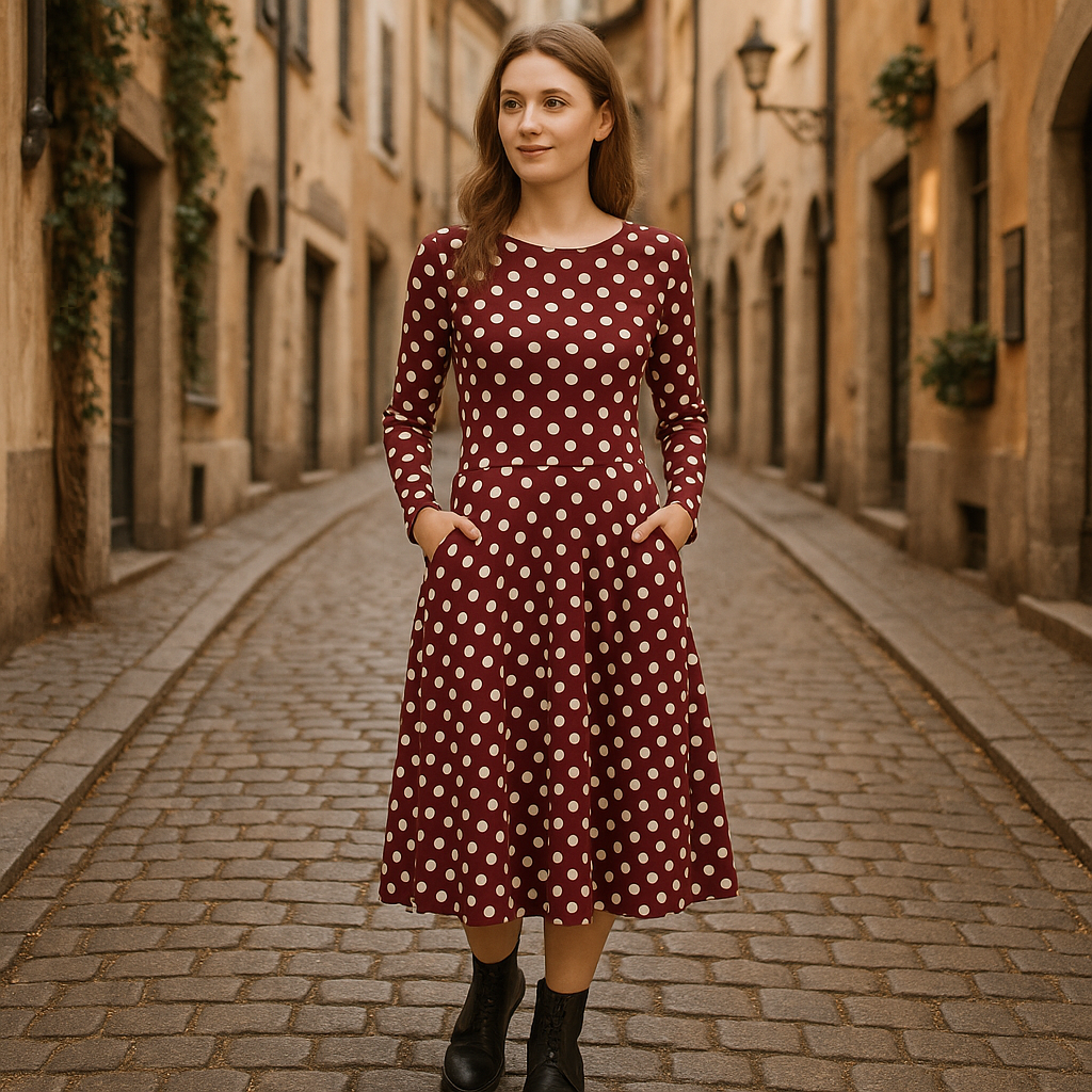 Bordeaux Midi-Kleid mit weißen Polka Dots – Langarm, Seitentaschen, elegantes Retro-Kleid