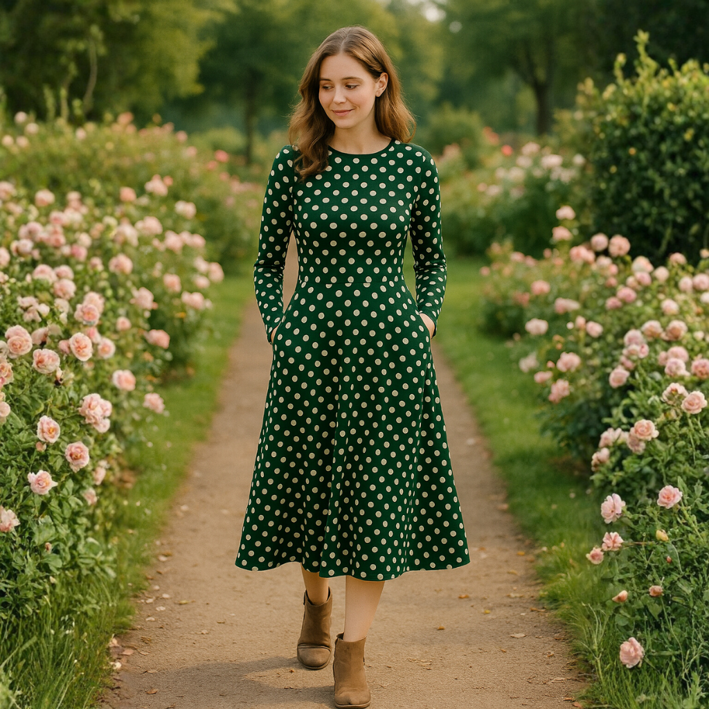 Grünes Polka Dot Midikleid mit Taschen – Retro Chic Langarm Fit & Flare