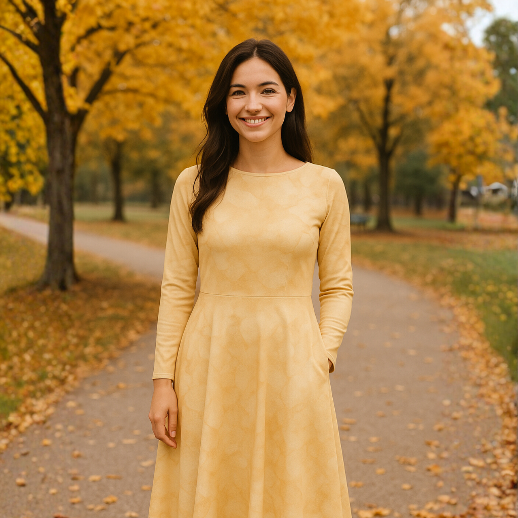 Champagnerfarbenes Midi Kleid mit goldenen Aquarell-Nuancen | Elegantes Langarmkleid mit Taschen | Feminines A-Linien-Kleid