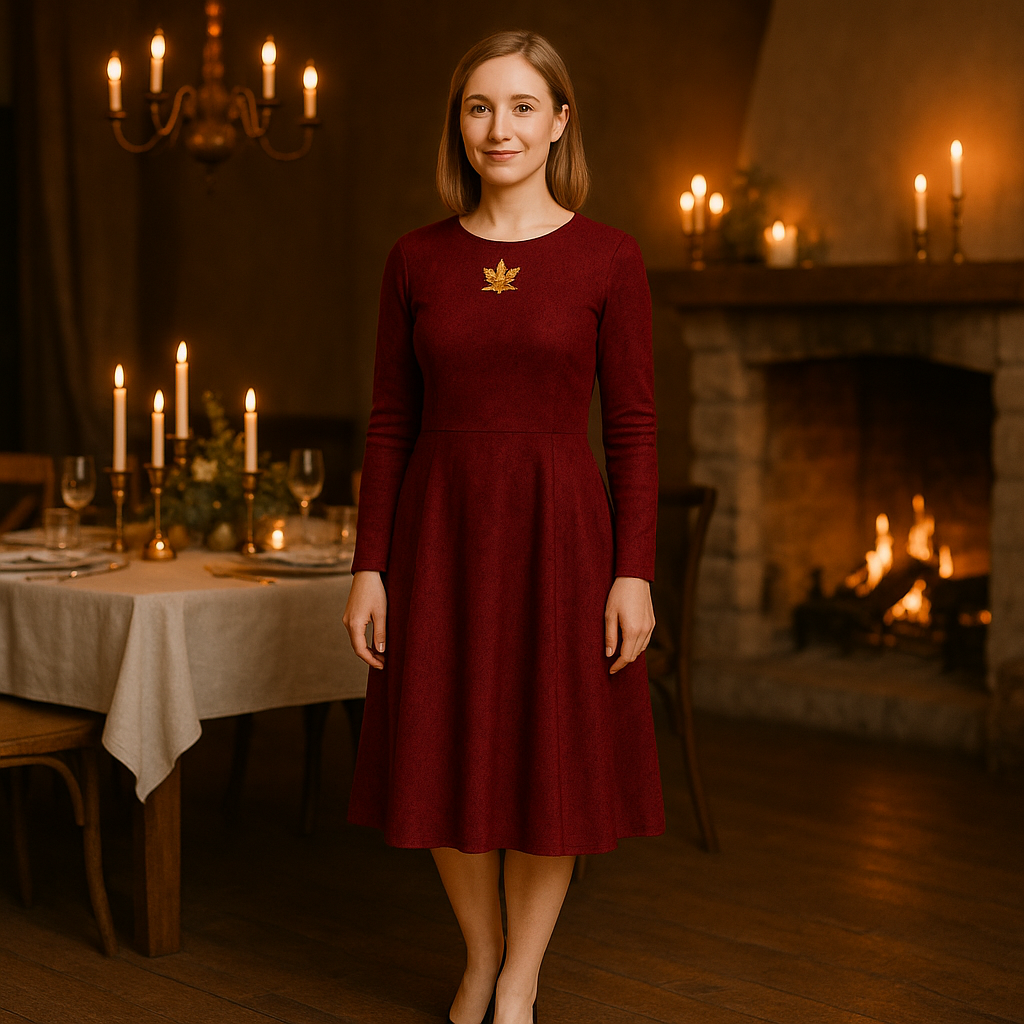 Bordeaux Midi Kleid – elegantes Herbst- & Winterkleid, lange Ärmel & Taschen