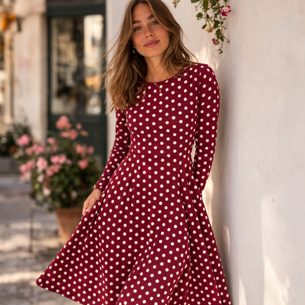 Bordeaux Midi-Kleid mit weißen Polka Dots – Langarm, Seitentaschen, elegantes Retro-Kleid