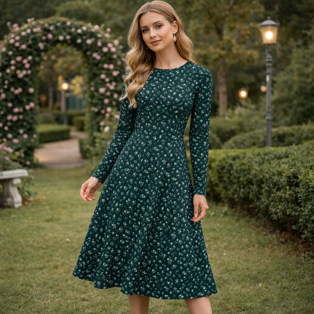 Teal Midi Kleid Damen mit Taschen | Langarm Kleid mit floralem Muster | Elegantes Alltagskleid geblümt | Komfortabel & stilvoll