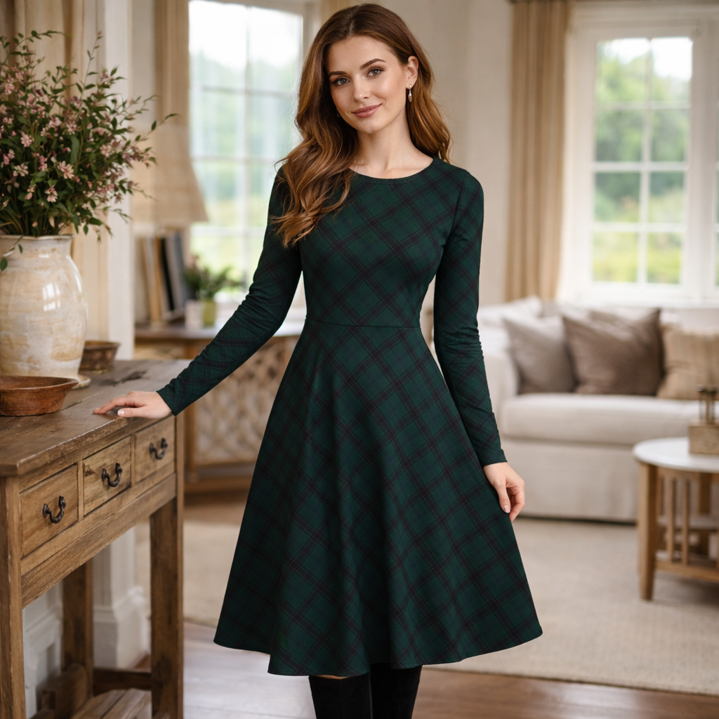 Midi Kleid mit Tartan Muster in Tannengrün & Schwarz | Klassisches Karo Langarmkleid im British Chic