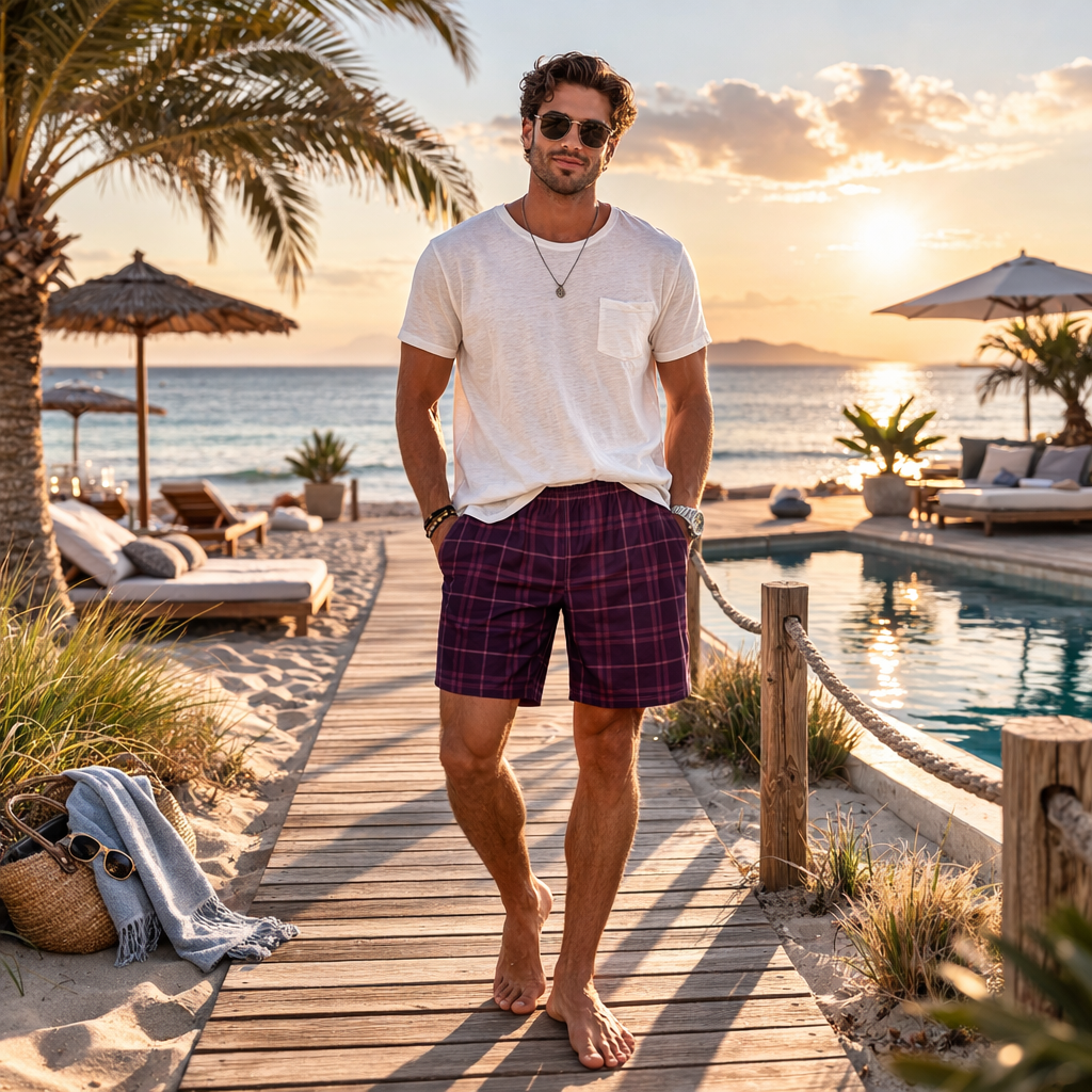 Premium Herren Badeshorts Lila Kariert – Plum Tartan mit Mauve Linien