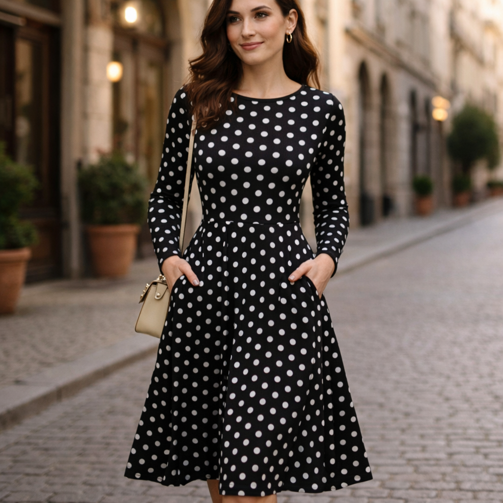 Schwarzes Polka Dot Midikleid mit Taschen – Langarm Kleid mit weißen Punkten, tailliert, bequemes Allover-Druck Kleid