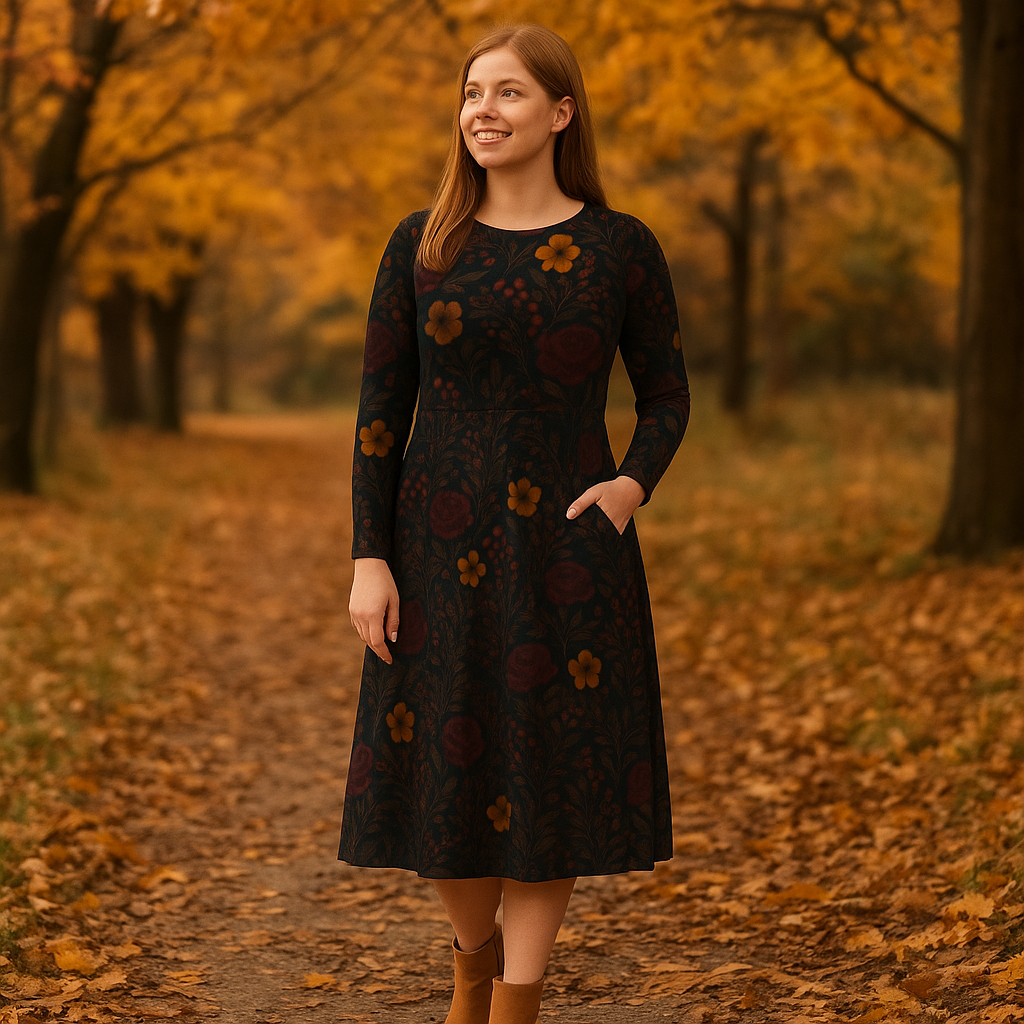 Herbstkleid mit Blumenmuster | Langarm Midikleid – Dunkles florales Kleid für Herbst & Winter