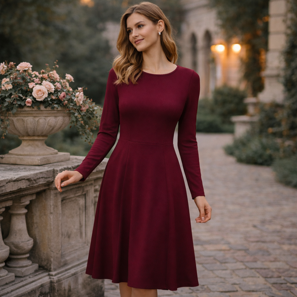Midi Kleid Bordeaux | Elegantes Damenkleid in Uni | Festliches Midi Kleid | Kleid für Hochzeitsgäste | Zeitloses Abendkleid