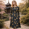 Elegantes Kranich-Kleid – Goldene Vögel auf Nachtblau, Midi-Länge mit Taschen & langen Ärmeln