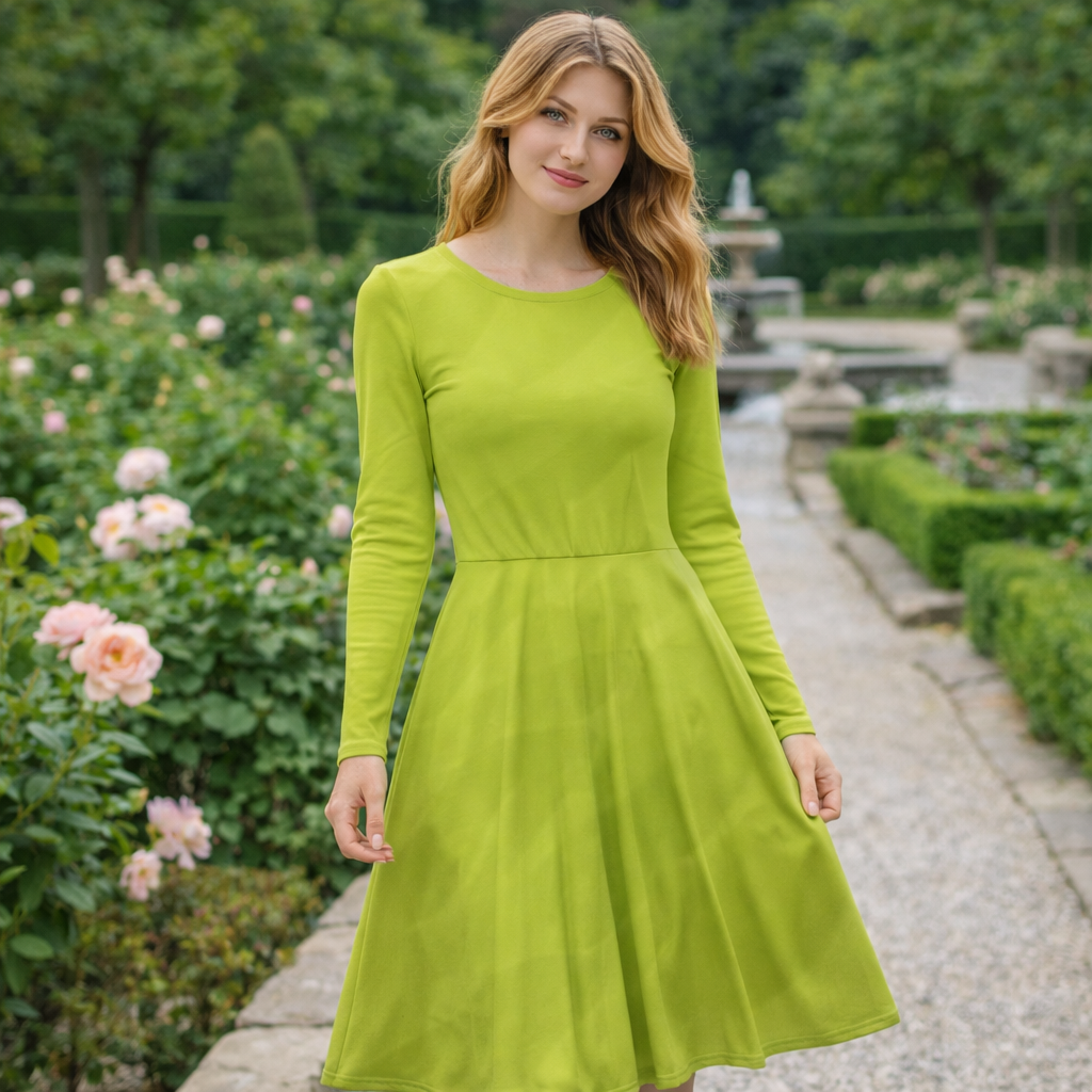 Midi Kleid Muted Chartreuse | Langarm Kleid Damen | A-Linien Kleid mit Taschen | Minimalistisches Herbst Kleid | Elegant & Alltagstauglich