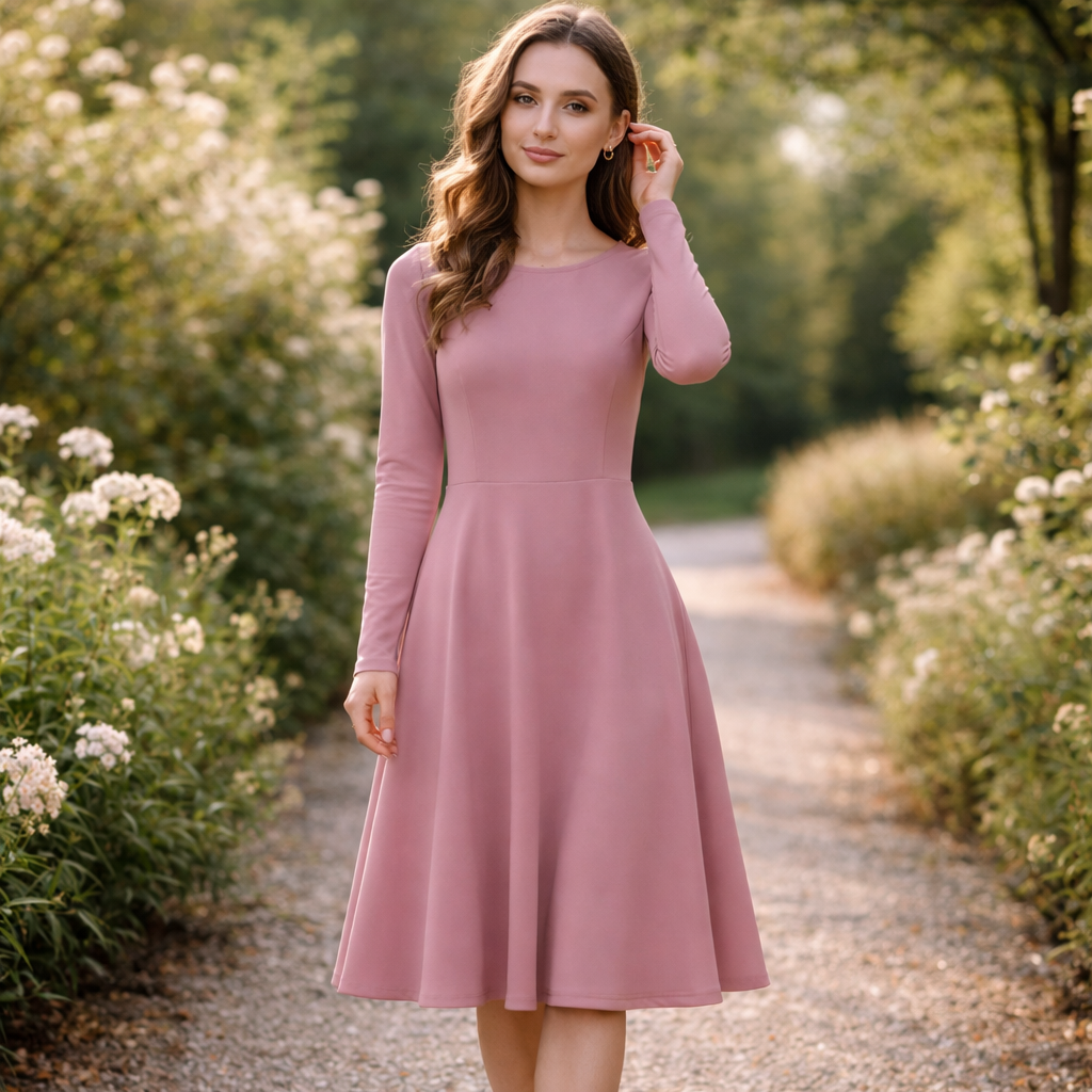 Altrosa Midikleid mit langen Ärmeln – Elegantes Damenkleid in Uni, tailliert, zeitloses Kleid mit Taschen