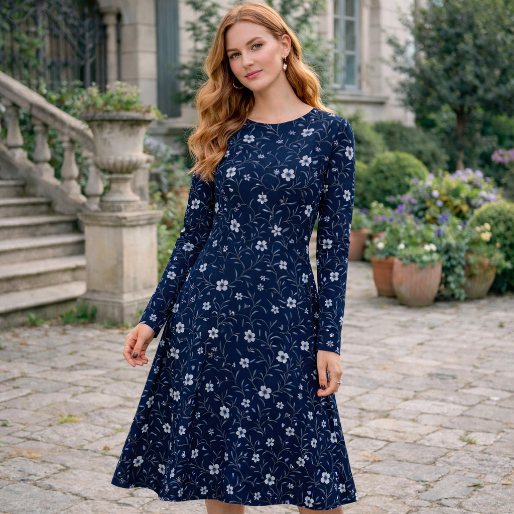Midi Kleid mit zartem floralem Muster in Navyblau | Elegantes Langarmkleid mit Blumen | Feminines A-Linien Kleid mit Taschen