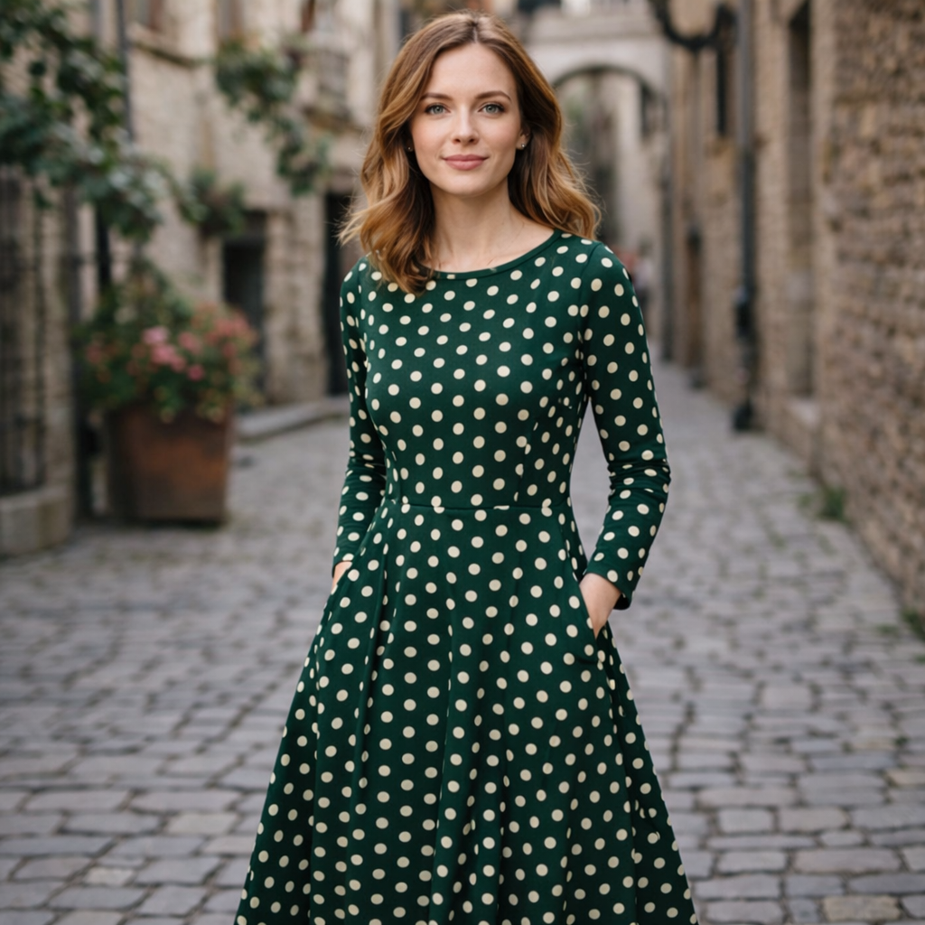 Grünes Polka Dot Midikleid mit Taschen – Retro Chic Langarm Fit & Flare