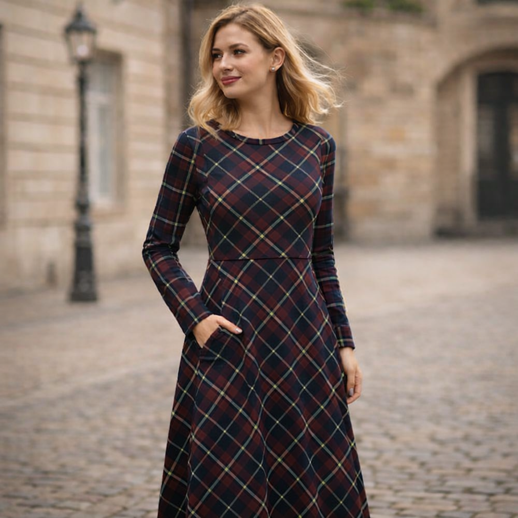 Midi Kleid mit Tartan Muster in Dunkelblau, Bordeaux & Creme | Karo Langarmkleid im Preppy Stil