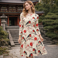 Künstlerisches Rotkehlchen-Kleid – Midi-Länge mit Kirschblüten, Seitentaschen & langen Ärmeln