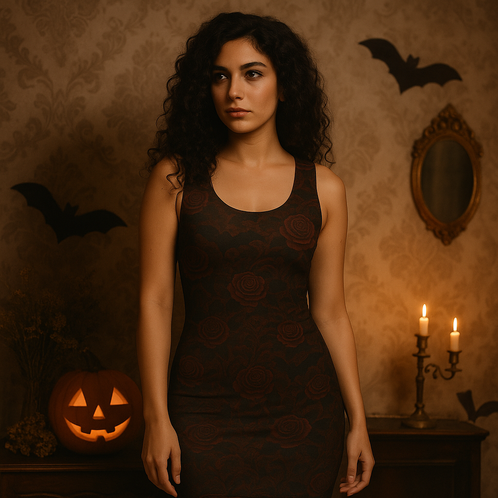 Halloween Bodycon Kleid mit Rosen & Fledermäusen – Figurbetont und Elegant