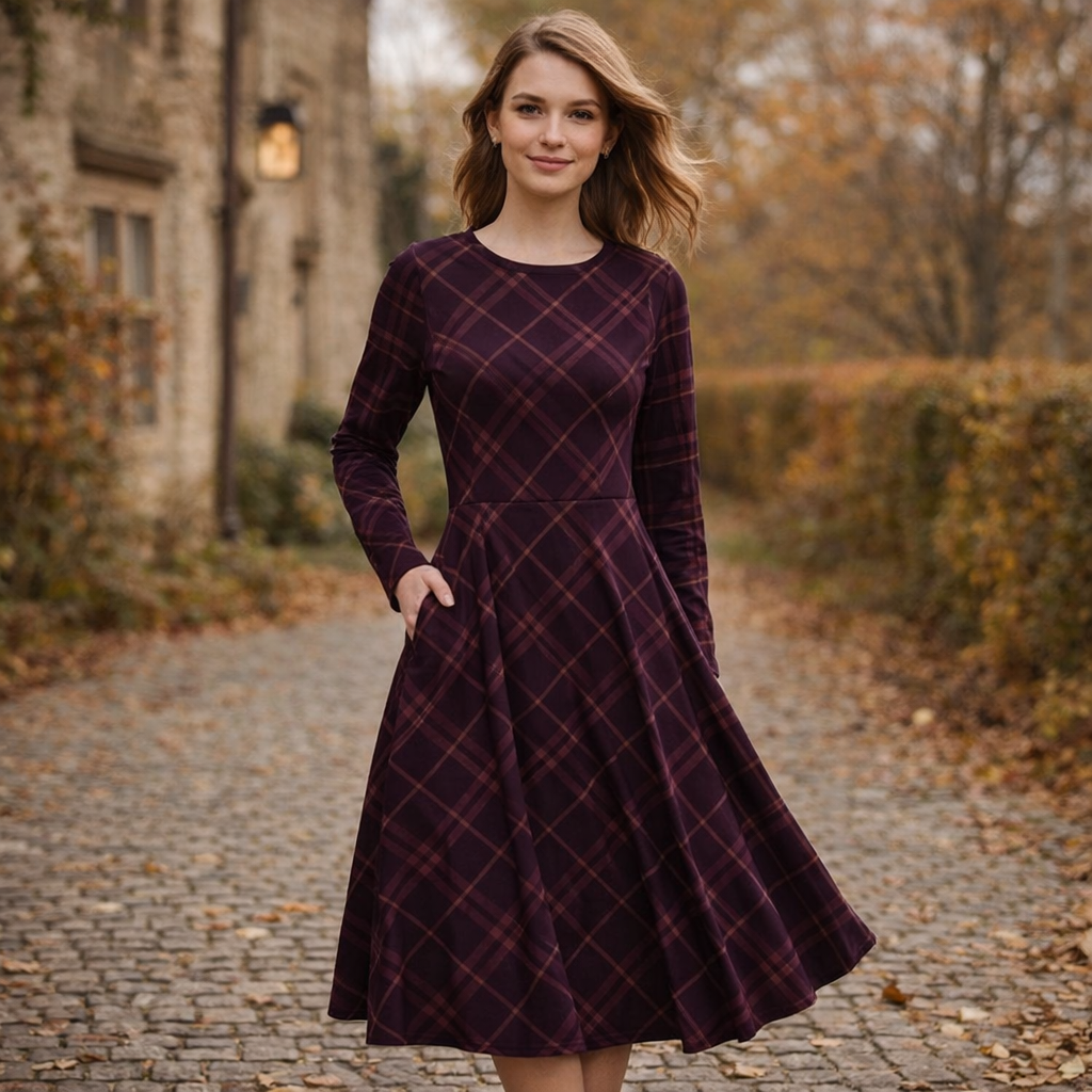 Midi Kleid mit Karomuster in Pflaume & Mauve | Elegantes Langarmkleid im Retro-Stil