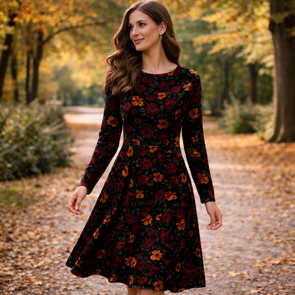 Elegantes Midikleid mit dunklem Blumenmuster – Langarm, romantisch & stilvoll