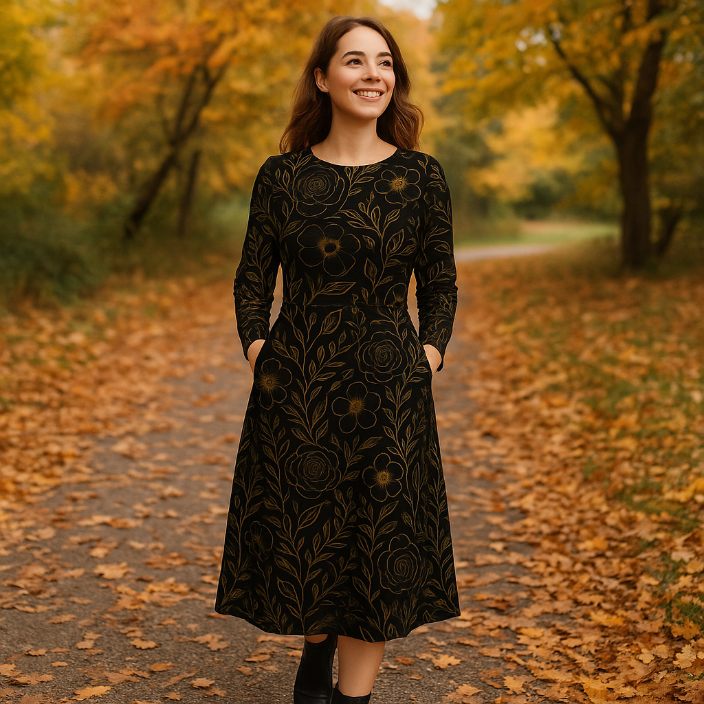 Schwarzes Midikleid mit goldenem Blumenmuster | Langarm Herbstkleid elegant & bequem | Übergangskleid mit Taschen – perfekt für Büro & Freizeit