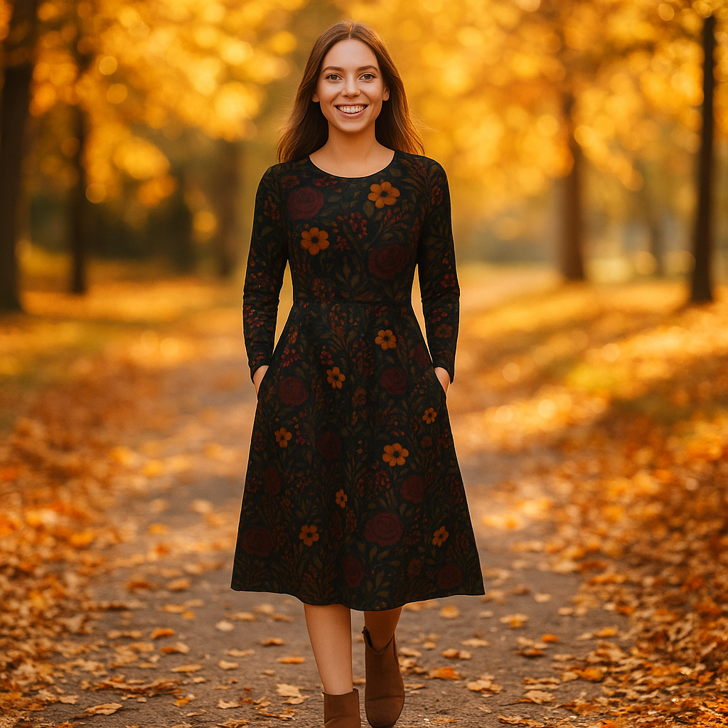 Herbstkleid mit Blumenmuster | Langarm Midikleid – Dunkles florales Kleid für Herbst & Winter