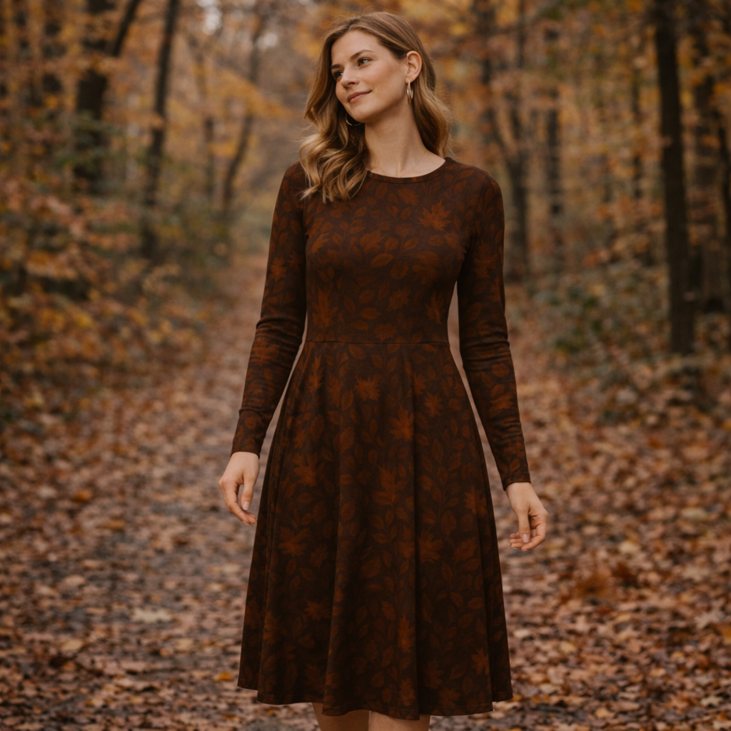 Rostbraunes Herbstkleid mit Blätterprint | Langarm Midikleid Damen | Warmes Kleid für Herbst & Übergangszeit