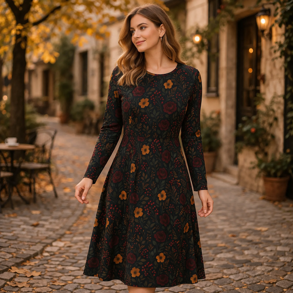 Herbstkleid mit Blumenmuster | Langarm Midikleid – Dunkles florales Kleid für Herbst & Winter