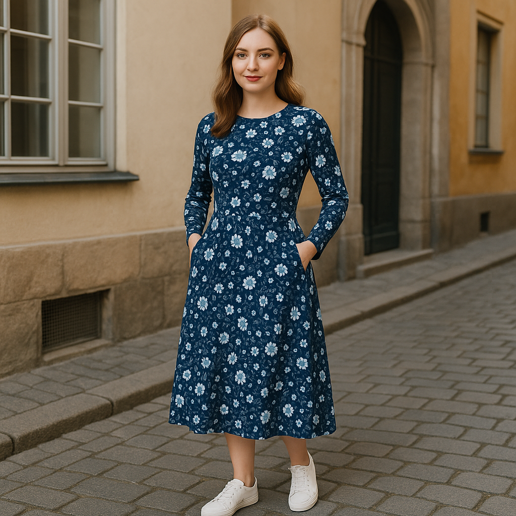 Midi Kleid mit floralem Muster in Navy & Hellblau | Elegantes Blumenkleid mit Taschen | Feminines Langarmkleid für Alltag & Büro