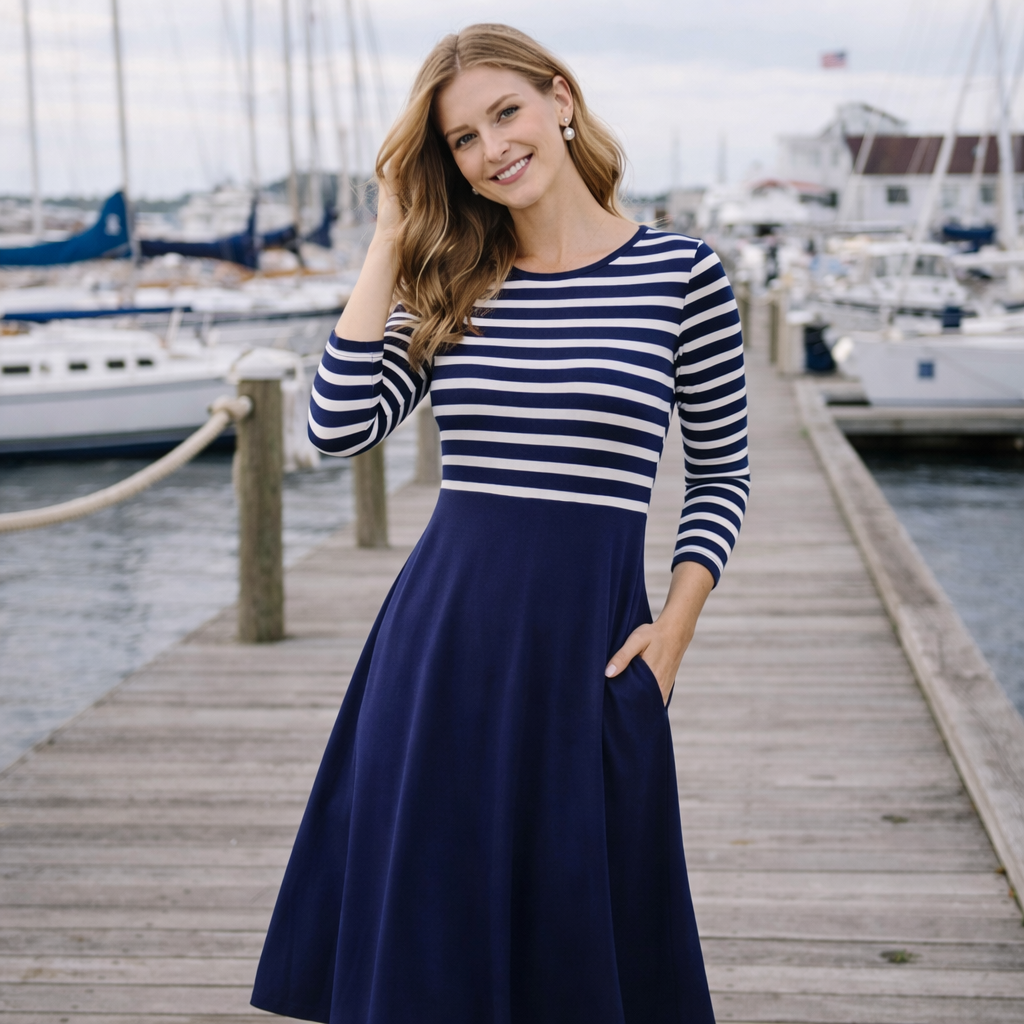 Maritimes Midi Kleid | Blau-Weiß gestreift | Langarm Kleid mit Taschen | Elegantes Alltagskleid