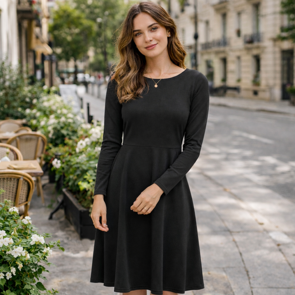 Anthrazit Midikleid mit langen Ärmeln – Elegantes Damenkleid in Grau, tailliert, zeitloses Kleid mit Taschen