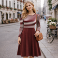 Bordeaux gestreiftes Midi-Kleid mit Taschen – Langarm A-Linien Kleid Casual Chic