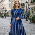 Blaues Polka-Dot Midi-Kleid mit langen Ärmeln und Taschen – Retro A-Linie