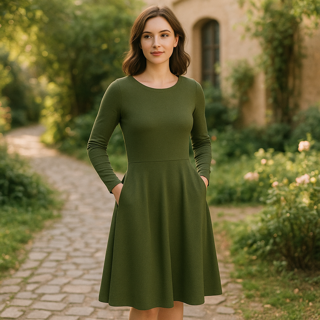 Midi Kleid in Deep Olive | Elegantes Langarmkleid mit Taschen | Figurfreundliches A-Linien Kleid