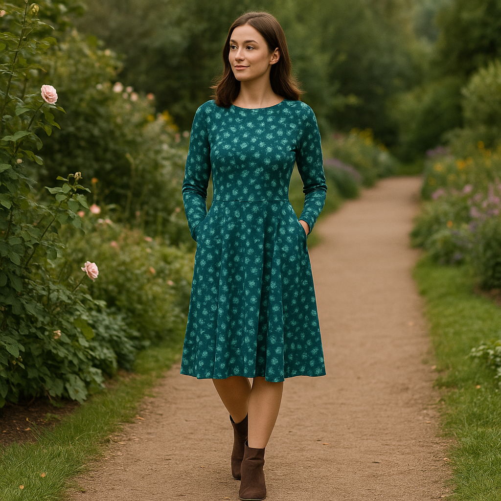 Teal Midi Kleid Damen mit Taschen | Langarm Kleid mit floralem Muster | Elegantes Alltagskleid geblümt | Komfortabel & stilvoll