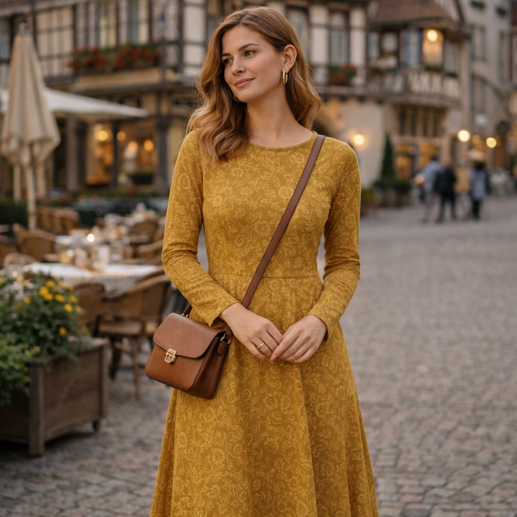 Goldenes Midikleid mit floralen Ornamenten | Elegantes Langarmkleid | Brokat-inspiriertes Design