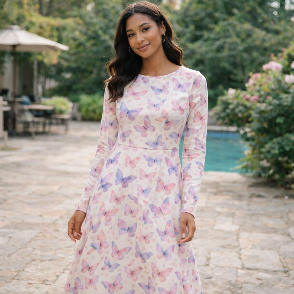 Zartes Midi-Kleid mit Aquarell-Schmetterlingen – Langarm, mit Taschen