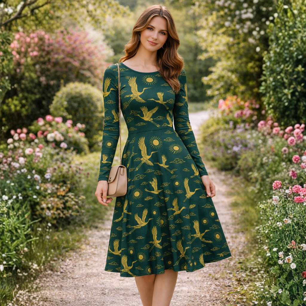Grün Gold Midi Kleid mit Kranich Motiv – Asiatisch inspiriertes Damenkleid – Elegantes Statement Kleid