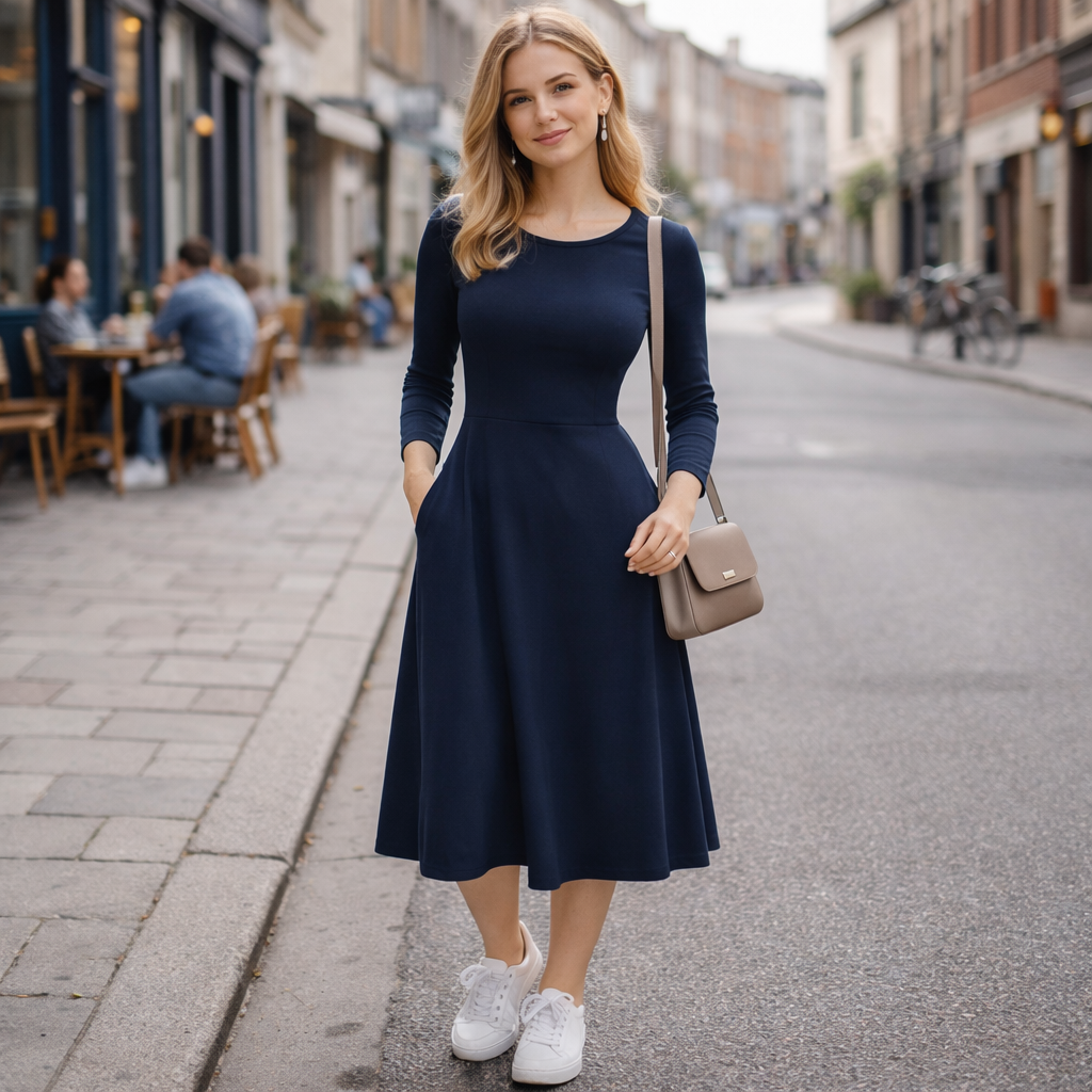 Navy Midikleid mit langen Ärmeln – Elegantes Damenkleid in Dunkelblau, tailliert, zeitloses Kleid mit Taschen