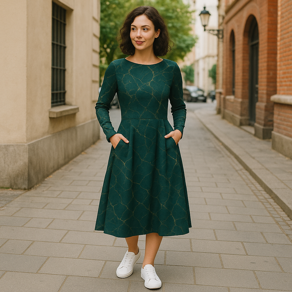 Midi Kleid mit Marmor Print – Petrol Gold, elegant & bequem, mit Taschen