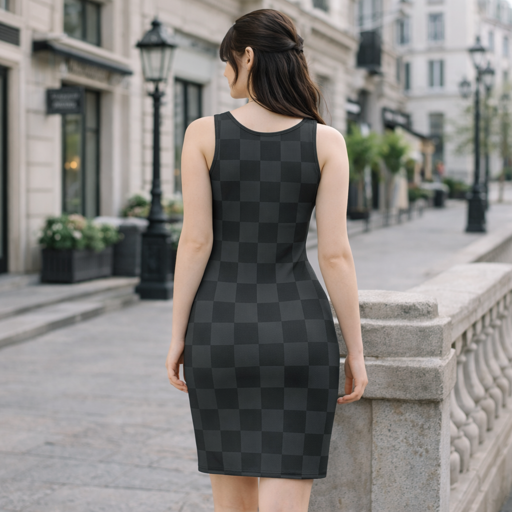 Schattenkaro Bodycon Kleid Anthrazit – Figurbetontes Damen Kleid, Ton-in-Ton Karo, Minimalistisches Midikleid